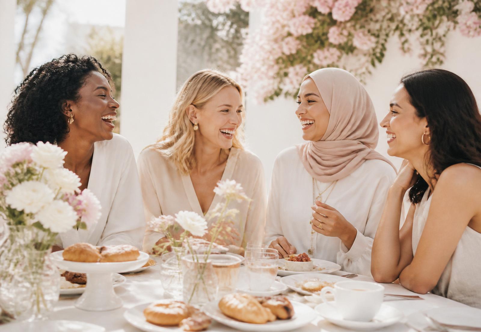 Diverse groep vrouwen die samen lachen tijdens een brunch